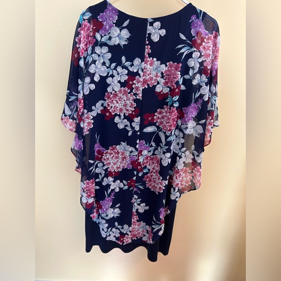 NWOT Floral Navy Dress with Sheer Floral Overlay, Cape Style & Perfect Details - Picture 9 of 12